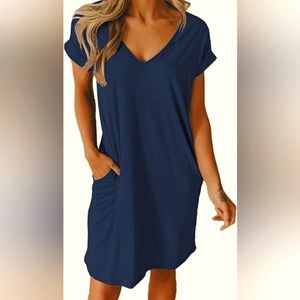 V-Neck Short Sleeve Dresses Solid Color blue with pockets